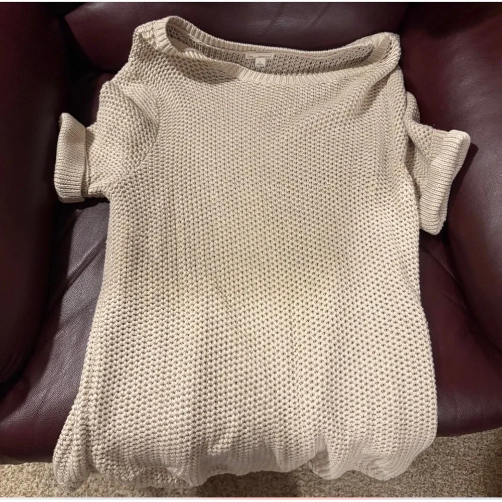 Gap Womens Short Sleeve Textured Knit‎ Sweater Oatmeal Beige Crew Neck Large
